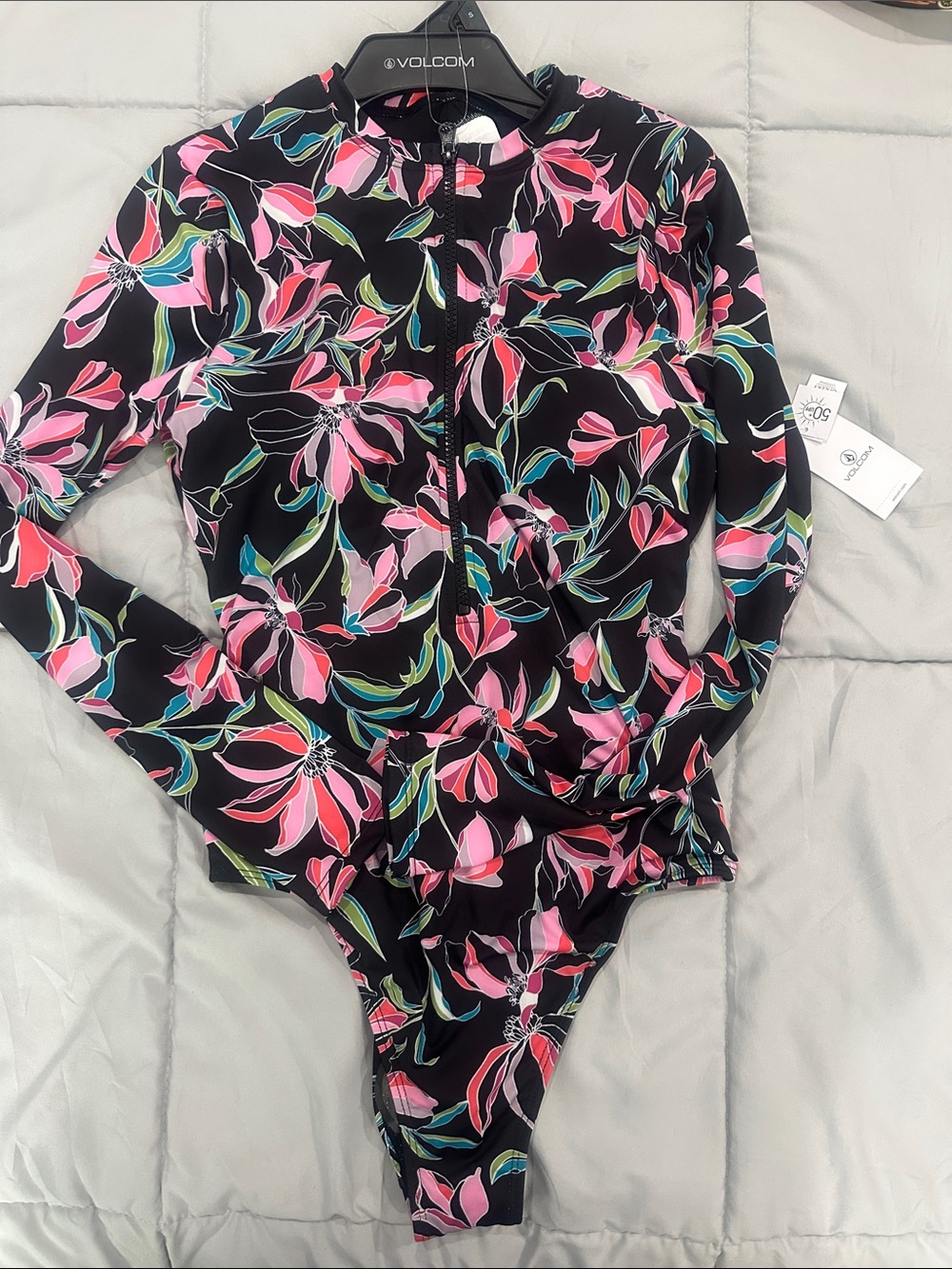 Volcom Black Floral Long-Sleeve Zip One-Piece Swimsuit - Pink & Green Accents